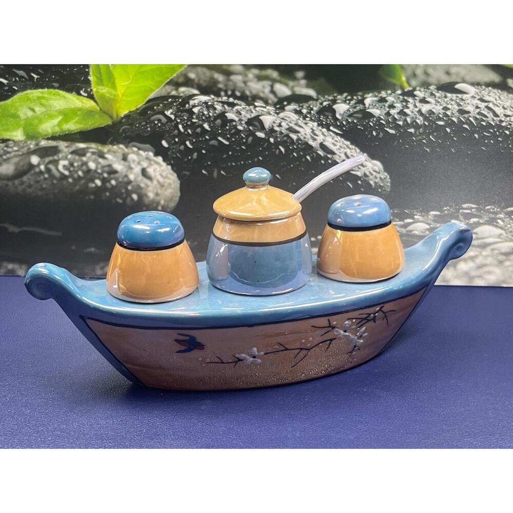 Vintage 1940s Japanese lusterware condiment boat set